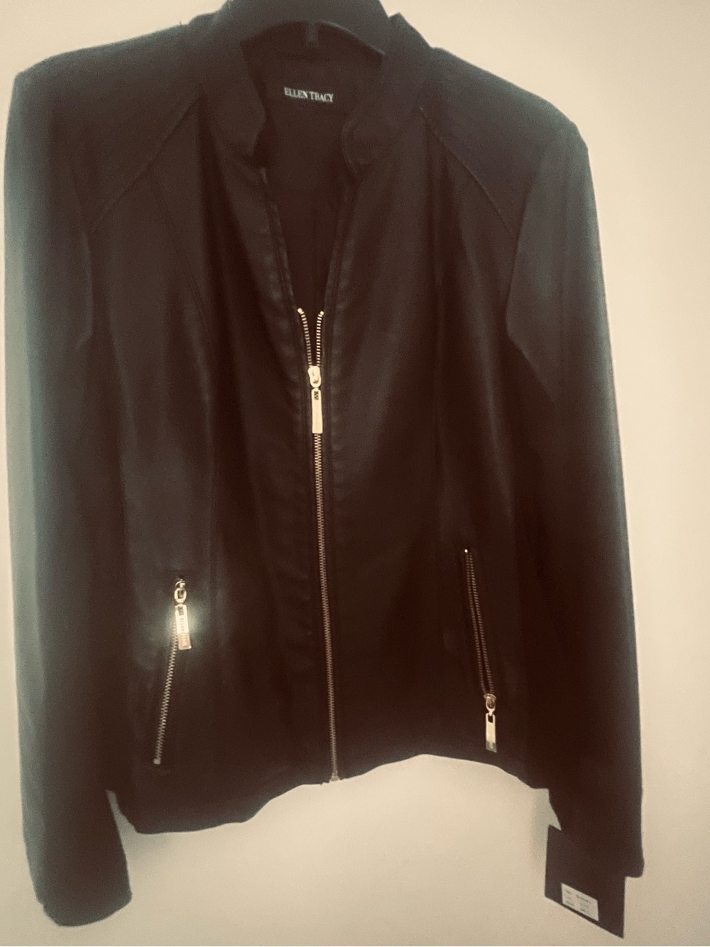 Ellen Tracy Black Faux-Leather Zip Jacket w/gold accent zips, side body shaping